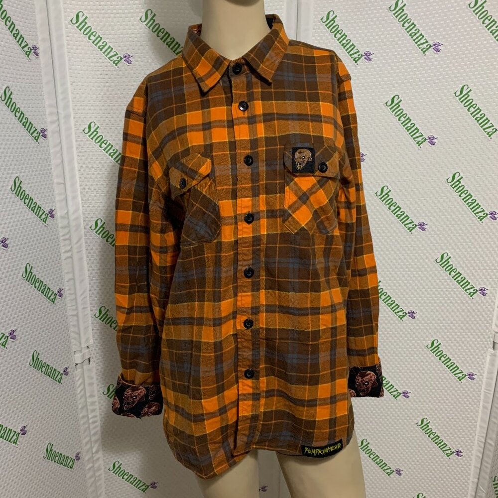 Middle Of Beyond Flannel Shirt Pumpkinhead Halloween MOB Plaid Orange Mens M